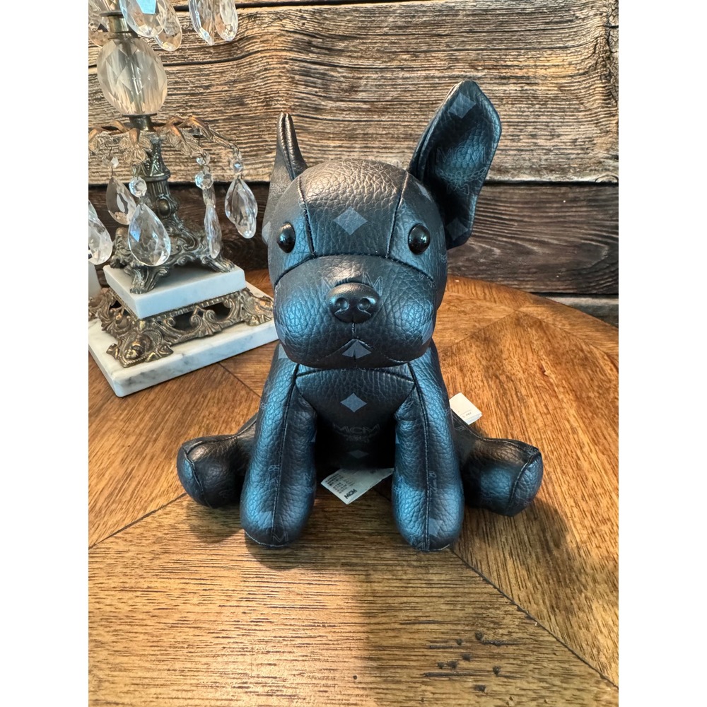 MCM French Bulldog Visetos Monogram Black Coated Canvas Plush Doll Small New‎